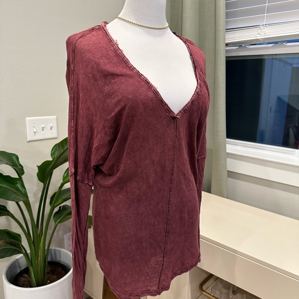 We The Free Burgundy V-Neck Long Sleeve Top - Picture 2 of 9
